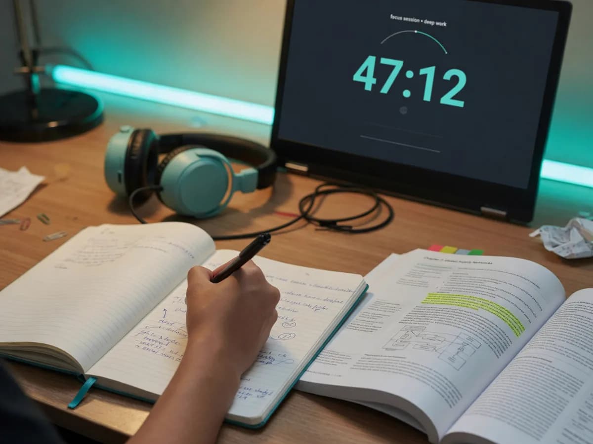 Desk camera view of a hand writing notes next to a textbook with a focus room counter at 47:12