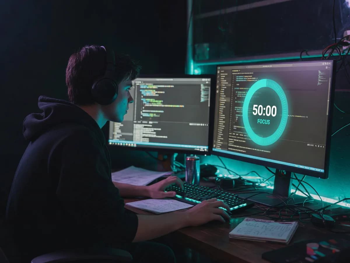 Developer with headphones working late in a focus room, two monitors with code and a teal focus timer