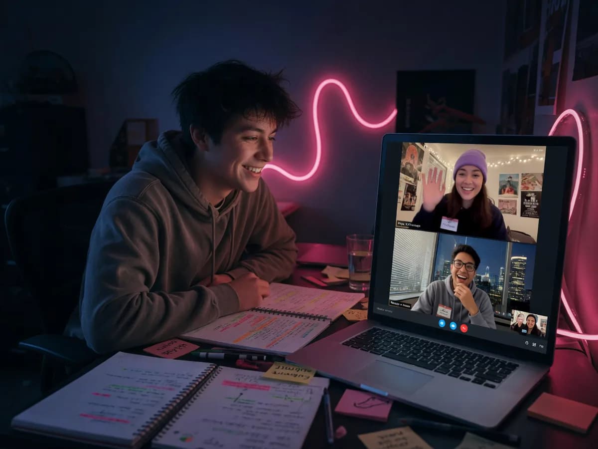 Young man laughing at his desk while studying with two friends from other cities on a laptop