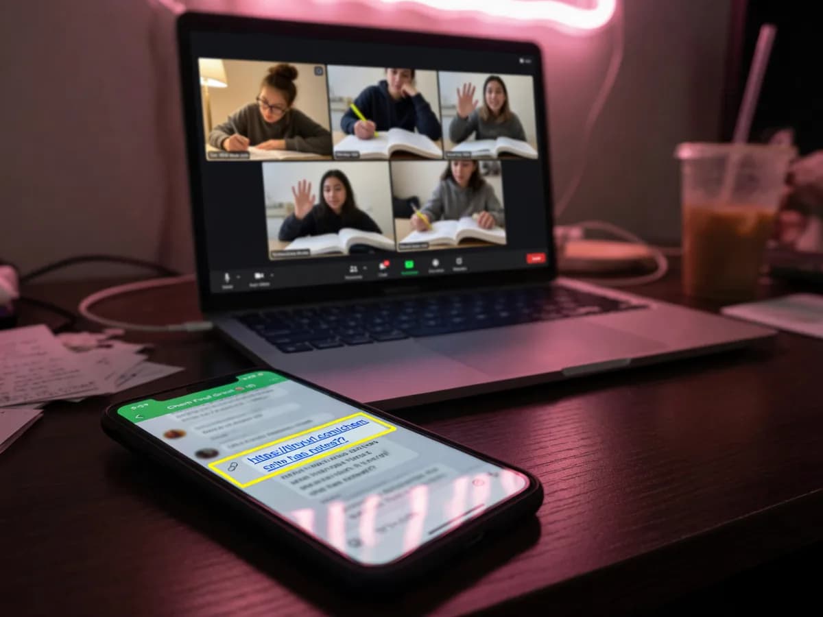 Phone showing a group chat with a shared study room link in front of a laptop with friends on video