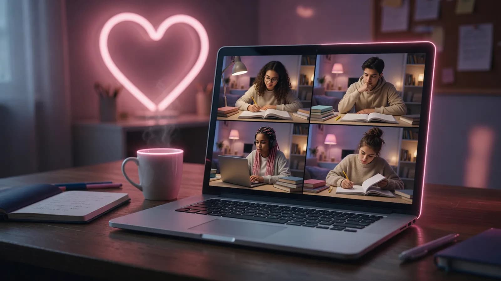 Private study room on a laptop with four friends studying together on video under a rose neon heart sign