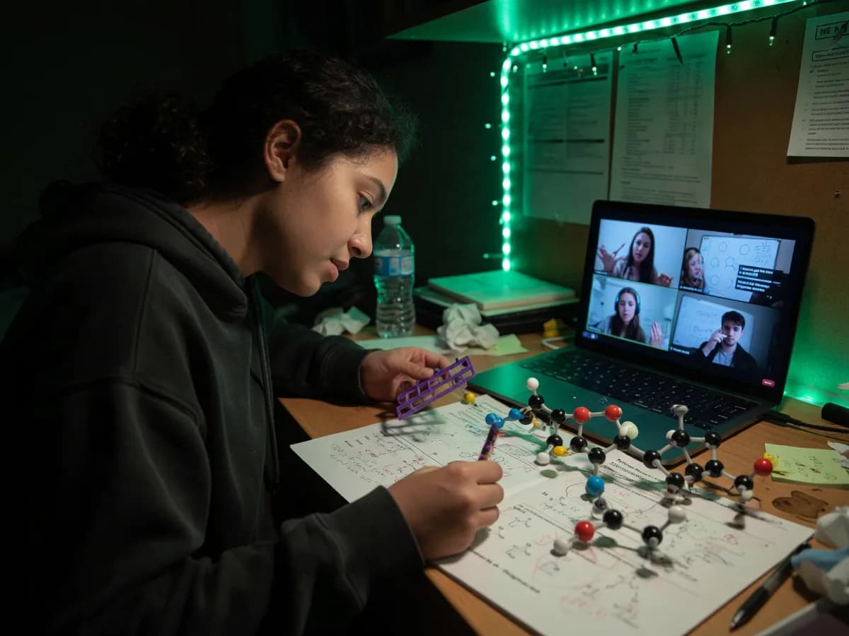 University student with a molecular model kit and problem set studying with classmates in an online study group