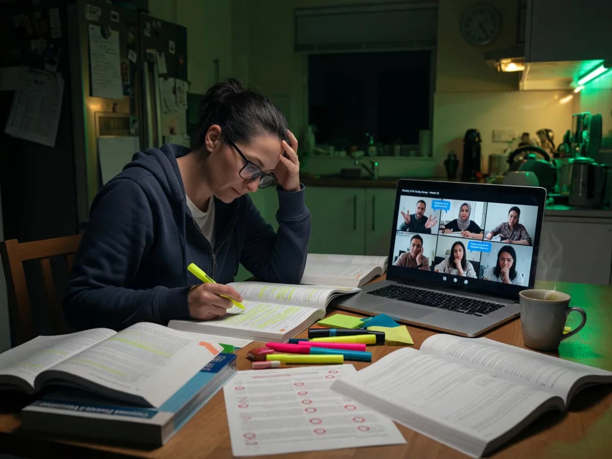 Professional exam candidate studying at a kitchen table at night with a weekly online study group on the laptop