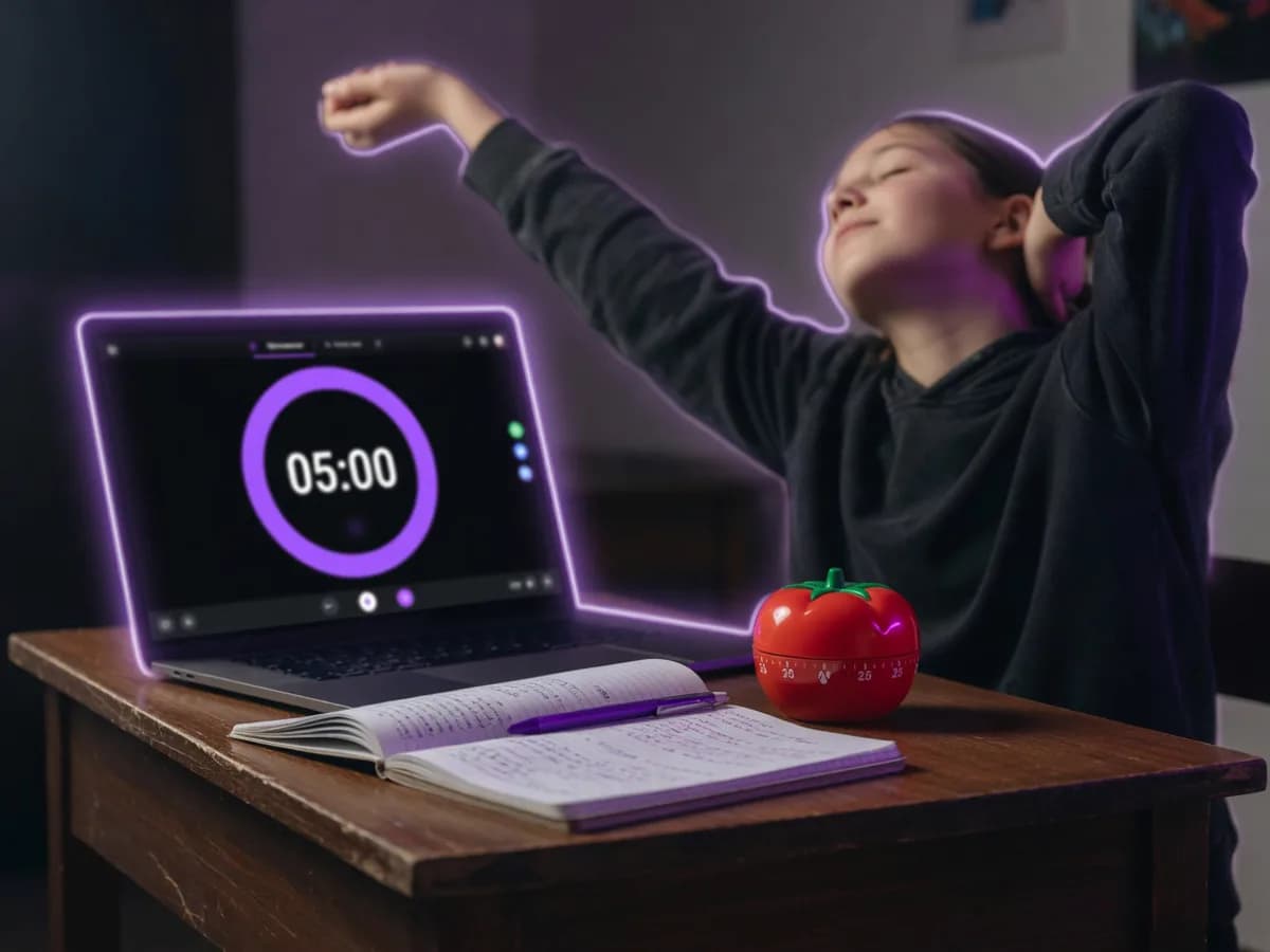 Student stretching during a 5 minute Pomodoro break with a 05:00 timer on the laptop