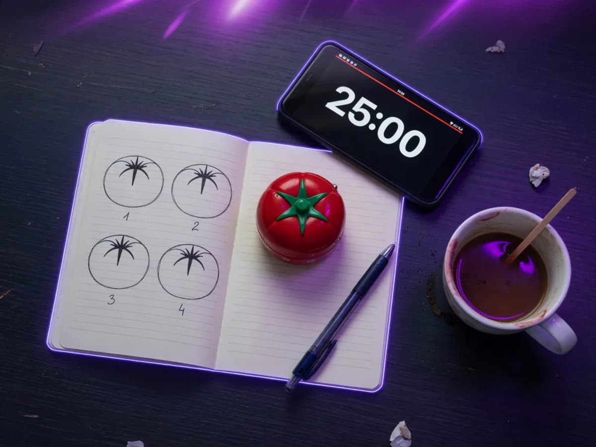 Top down study desk with four ticked Pomodoro rounds in a notebook, a tomato timer and a phone timer