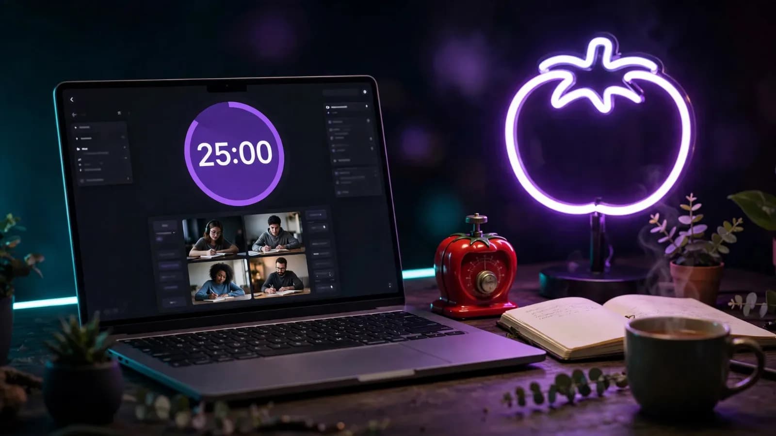 Pomodoro study room online on a laptop with a purple 25:00 timer, four people studying on video and a tomato timer on the desk