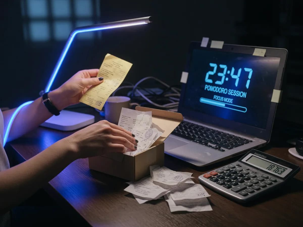 Freelancer clearing a shoebox of receipts during an online productivity session with a blue countdown on the laptop