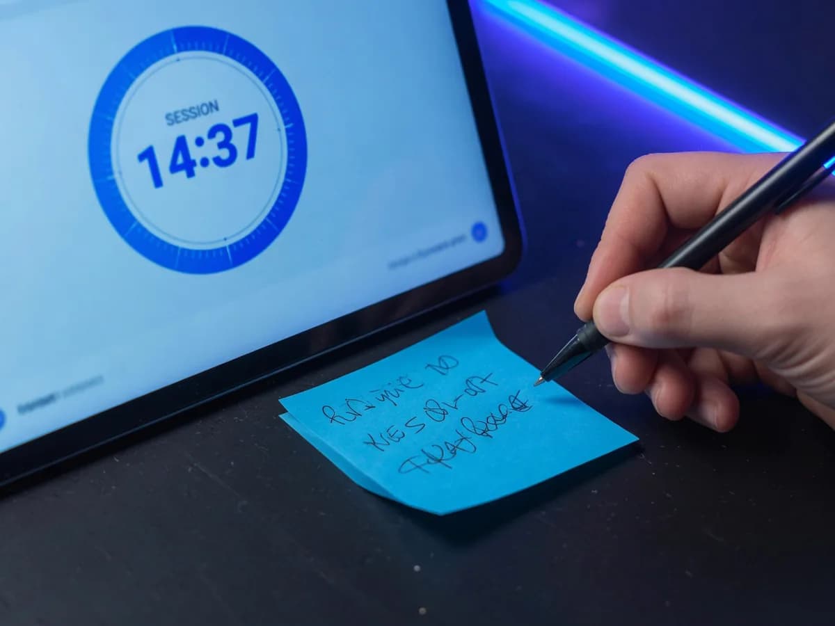 Hand writing a single goal on a blue sticky note next to a laptop with a session countdown