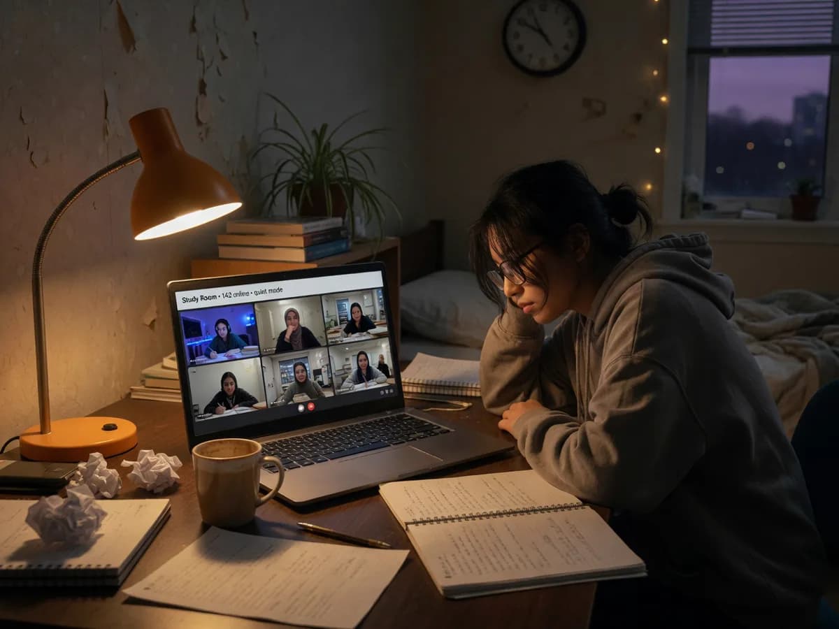 Student studying alone at 3am in a virtual study room with a warm desk lamp and a laptop showing other learners