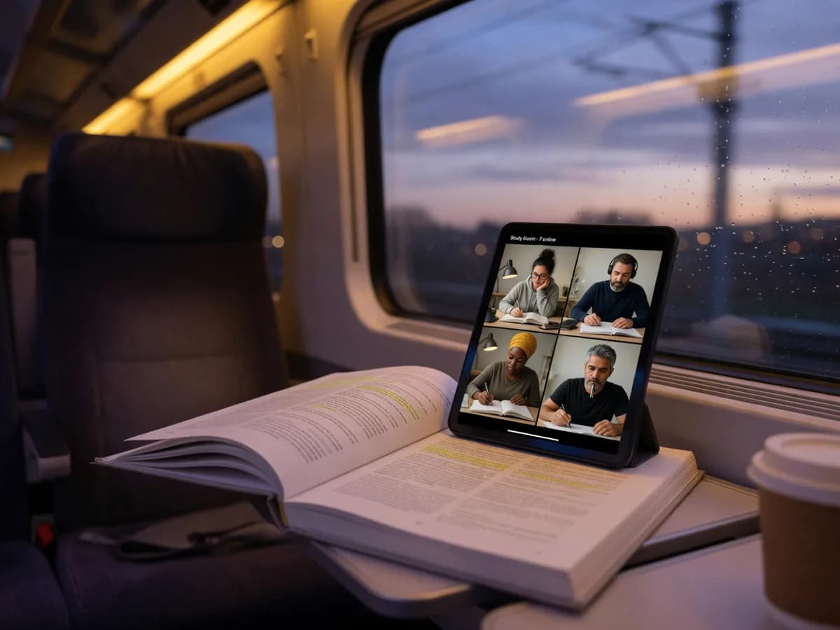 Phone propped on an open textbook by a train window showing a virtual study room with people studying