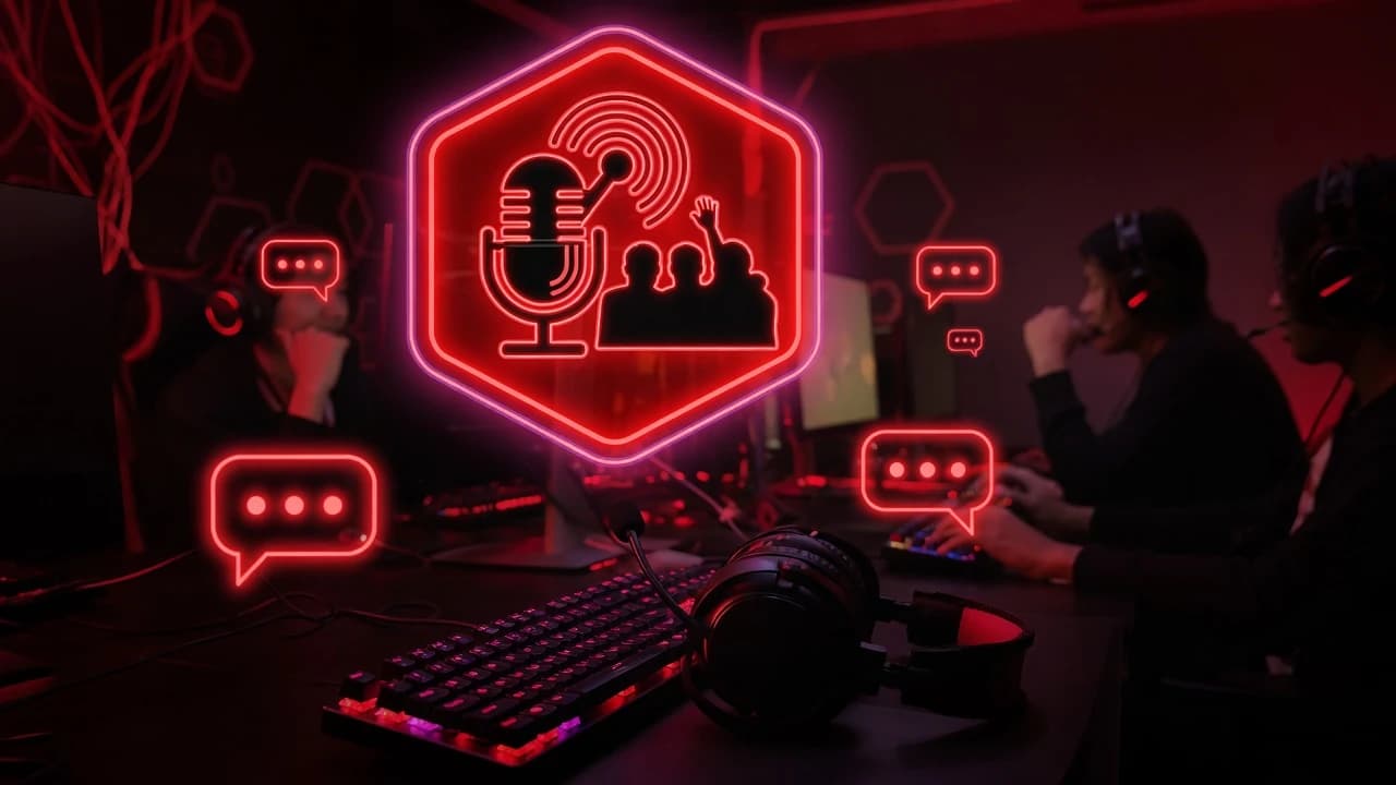 Red neon community microphone badge with headsets and chat bubbles