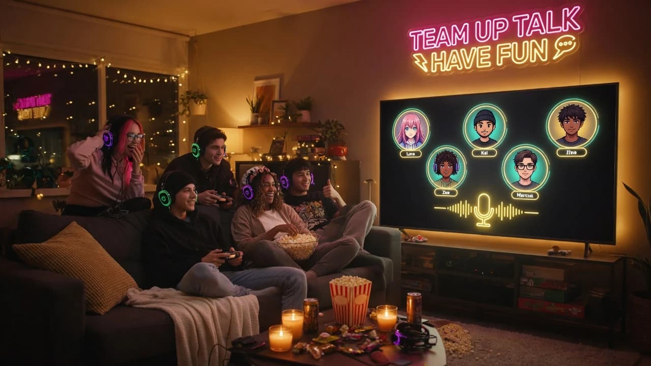 Friends on a sofa with headsets and a Team Up Talk Have Fun neon sign
