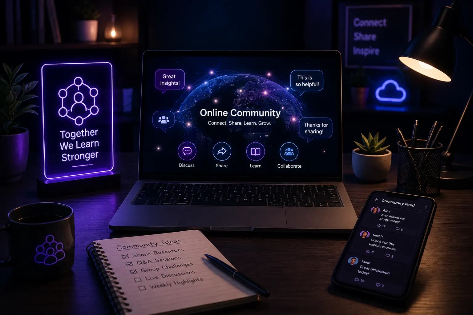 Laptop showing an online content community with notes and a phone nearby