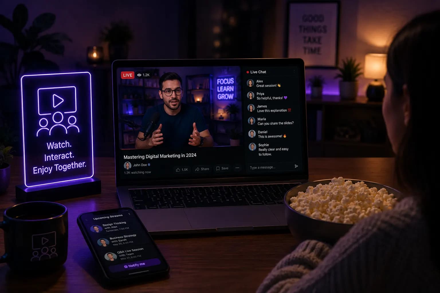 Stream viewer watching a live event on a laptop with popcorn