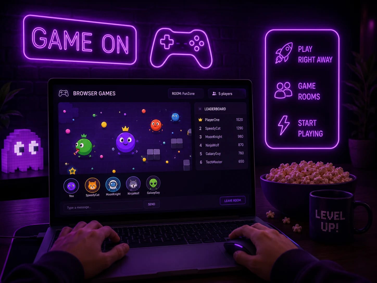 Laptop showing browser games with a Game On neon sign and popcorn