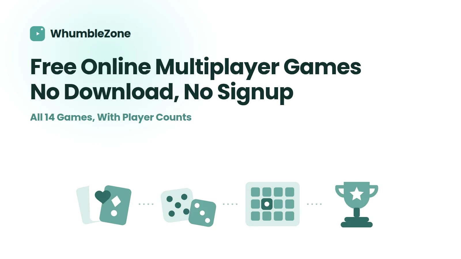 Playing cards, dice, a room grid and a trophy, for fourteen free multiplayer browser games