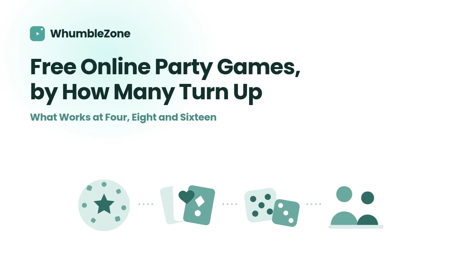 A party badge, cards, dice and people, for online party games sorted by group size