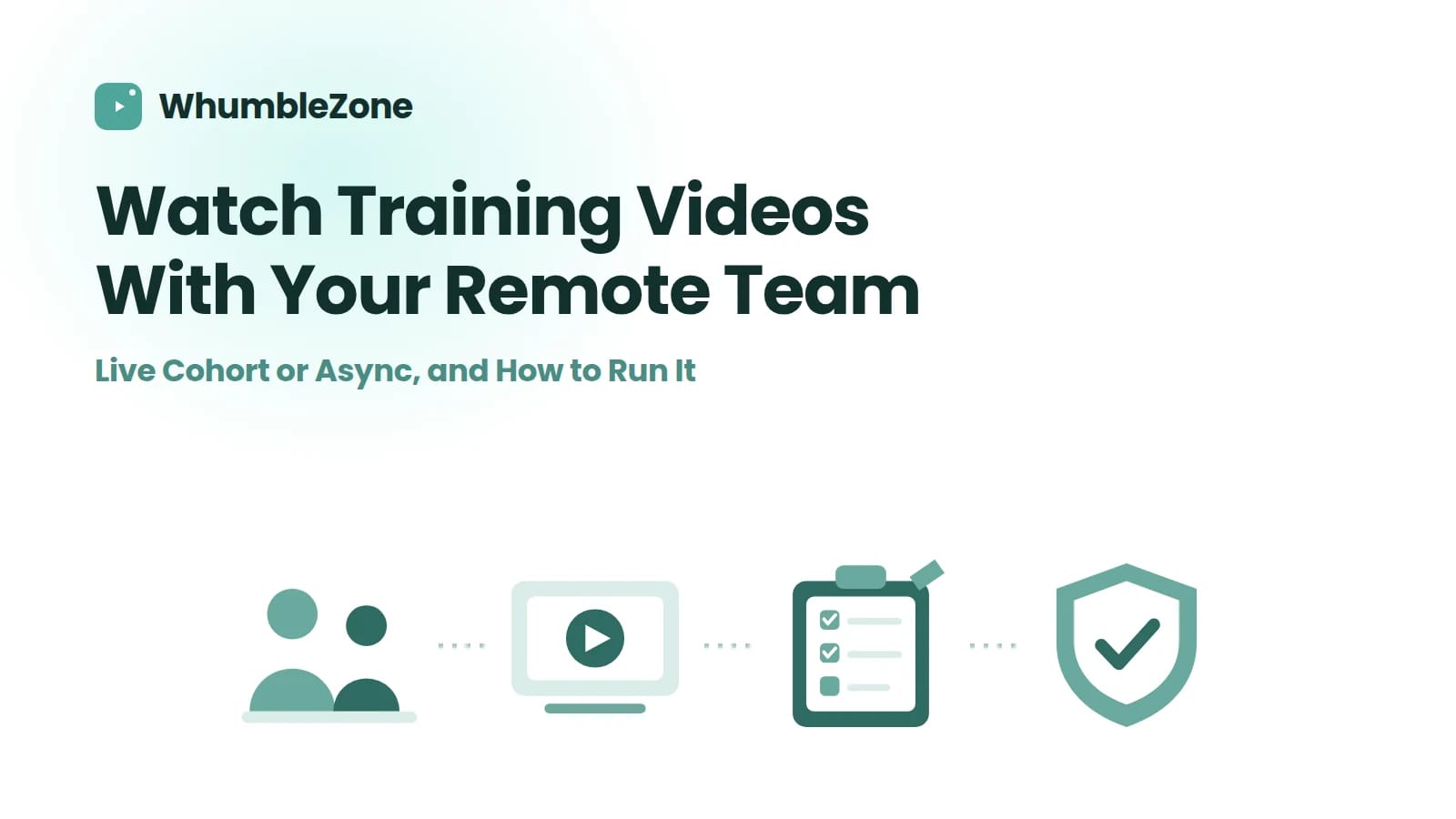 Icons for a team training session: people, a video panel, a checklist and a completion shield