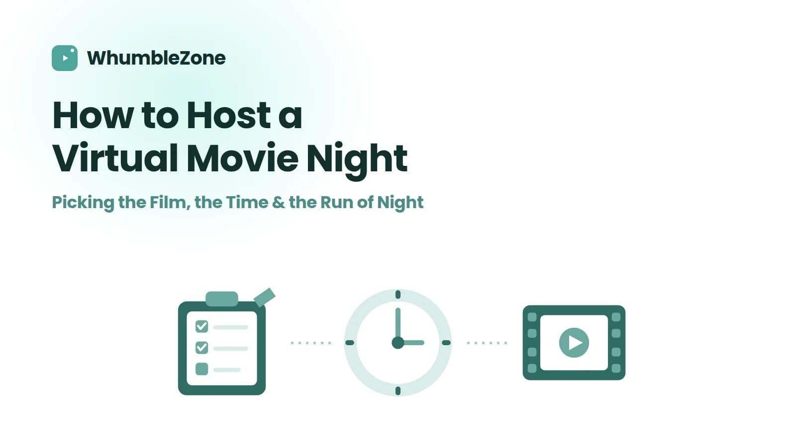 Icons for hosting a virtual movie night: a checklist, a clock, and a film reel