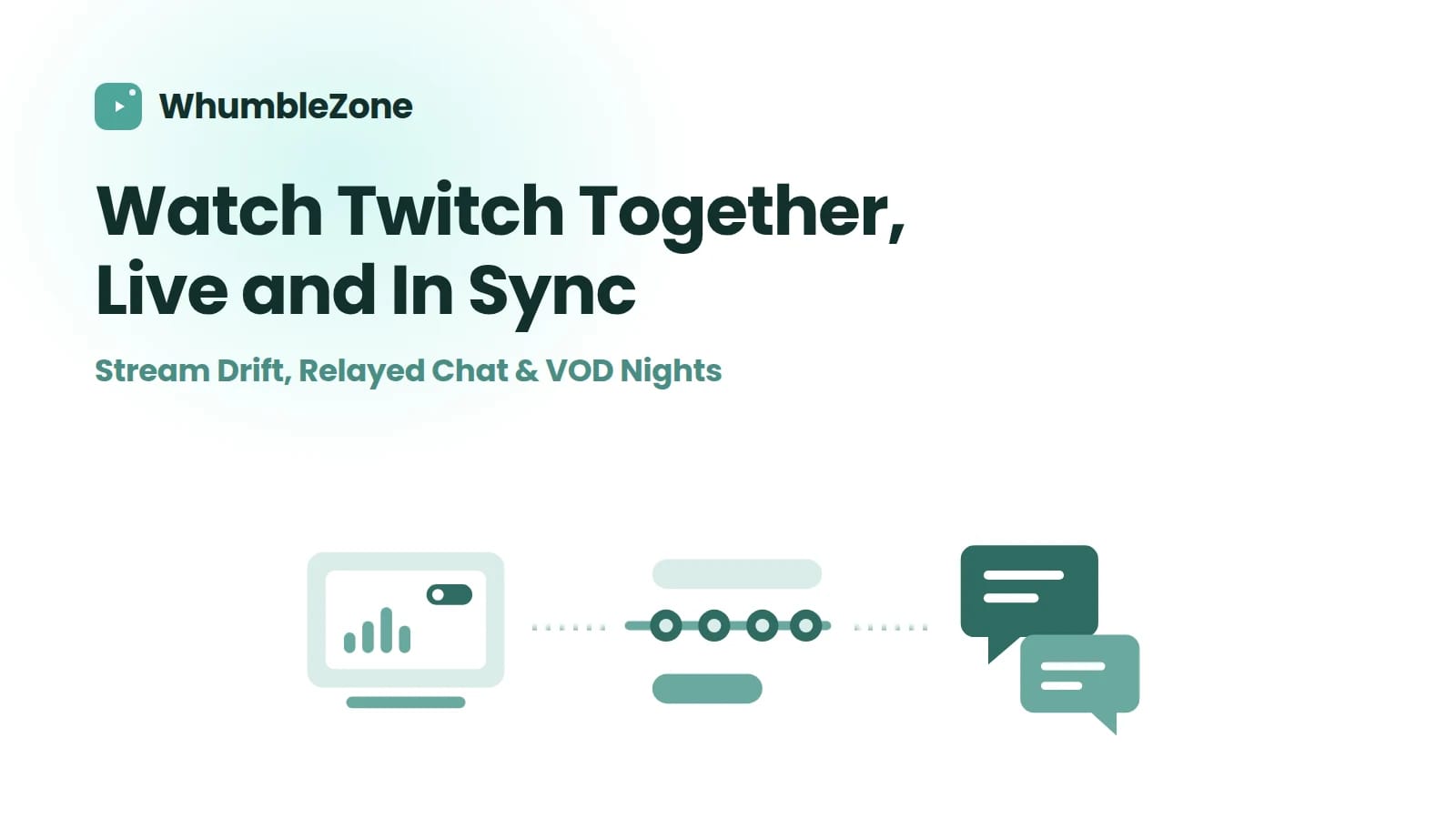 Icons for watching Twitch together: a live stream panel, viewer drift on a timeline, and relayed chat