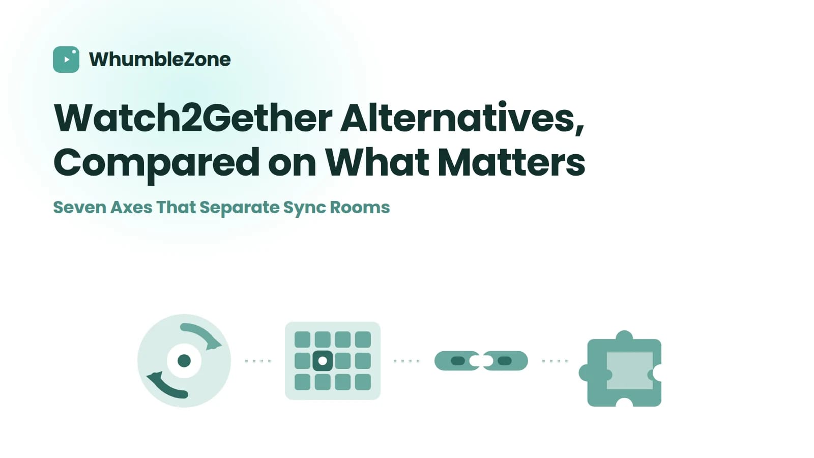 Sync, room grid, link and puzzle-piece icons representing the axes that separate watch party tools
