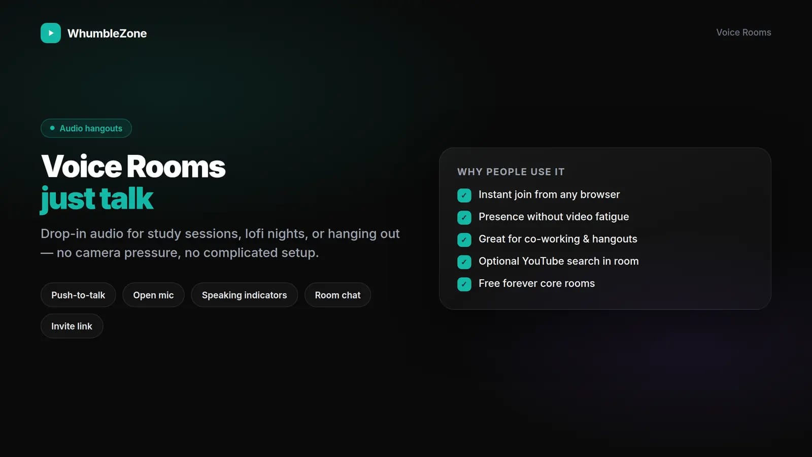 Free online audio rooms and voice chat on WhumbleZone
