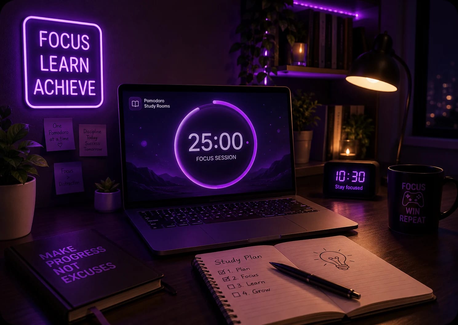 Laptop showing a 25:00 Pomodoro focus session beside a study plan notebook