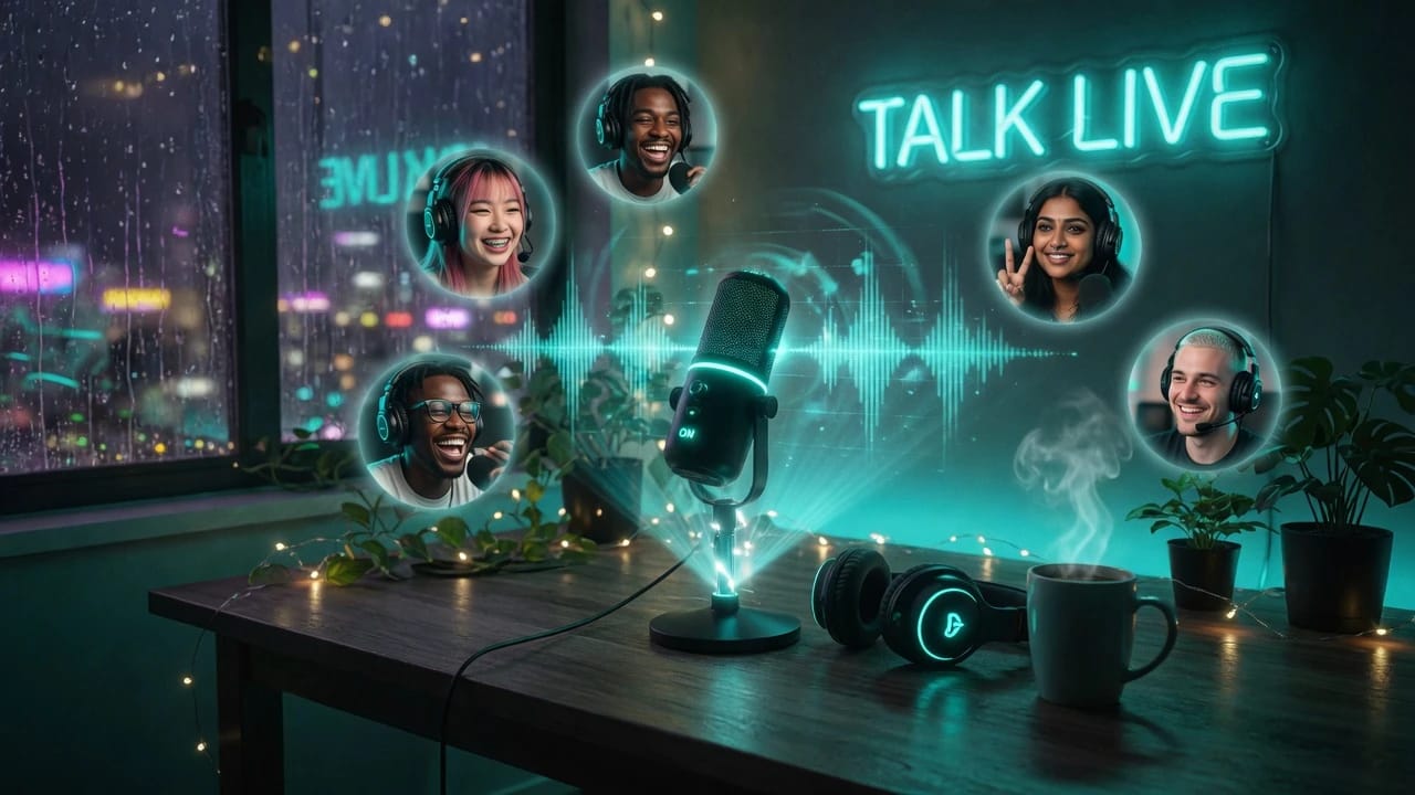 Teal neon microphone with Talk Live sign and friends in headset bubbles