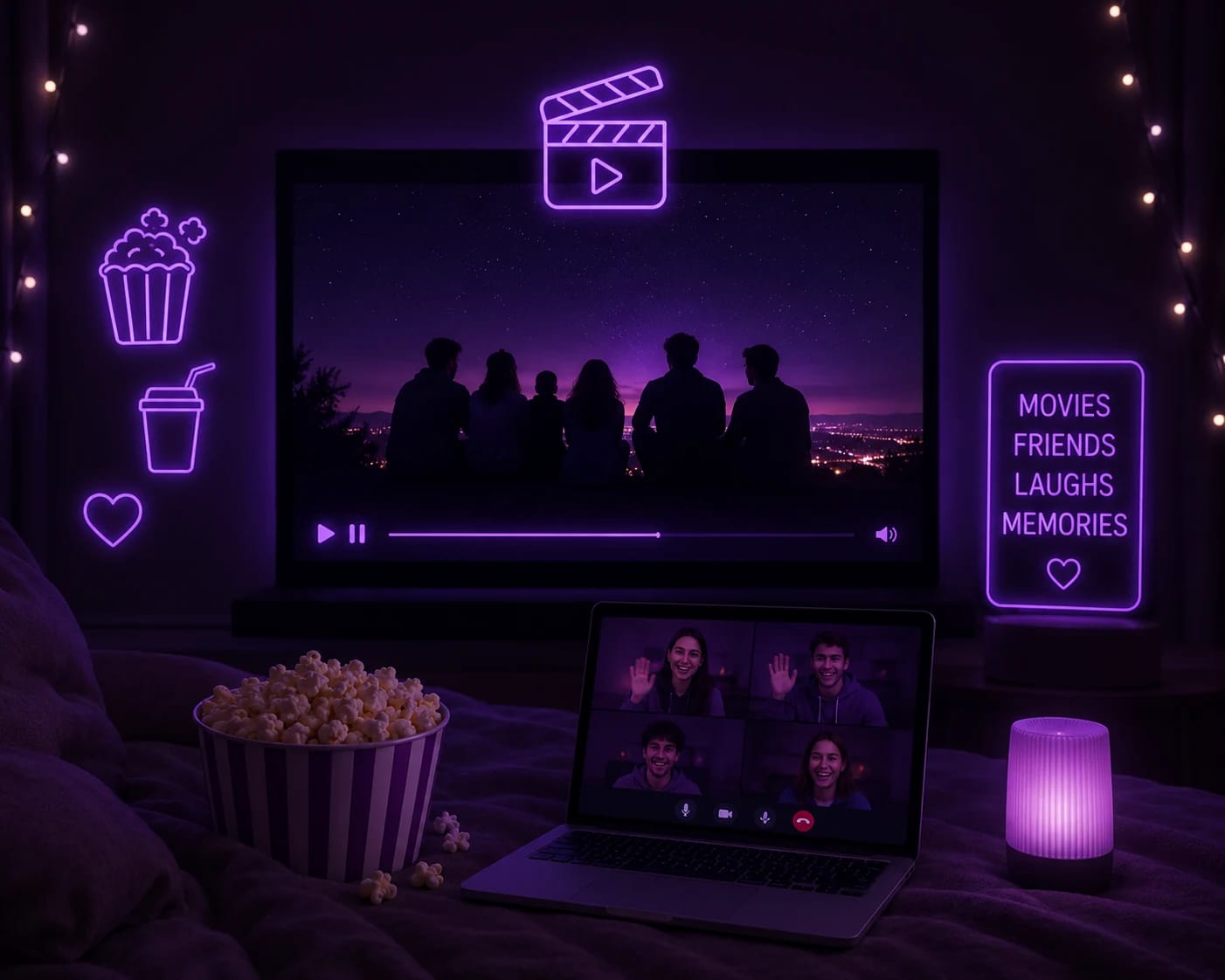 Movie night with popcorn, a laptop video call, and a film on the TV