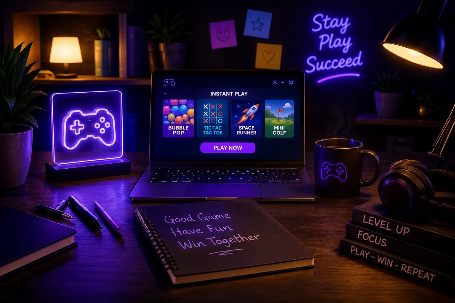 Desk with Instant Play browser games on a laptop and a neon gamepad sign