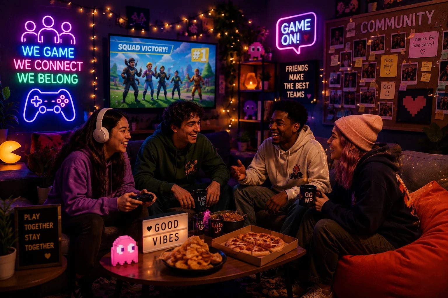 Friends on a couch hanging out as a gaming community under We Game We Connect We Belong