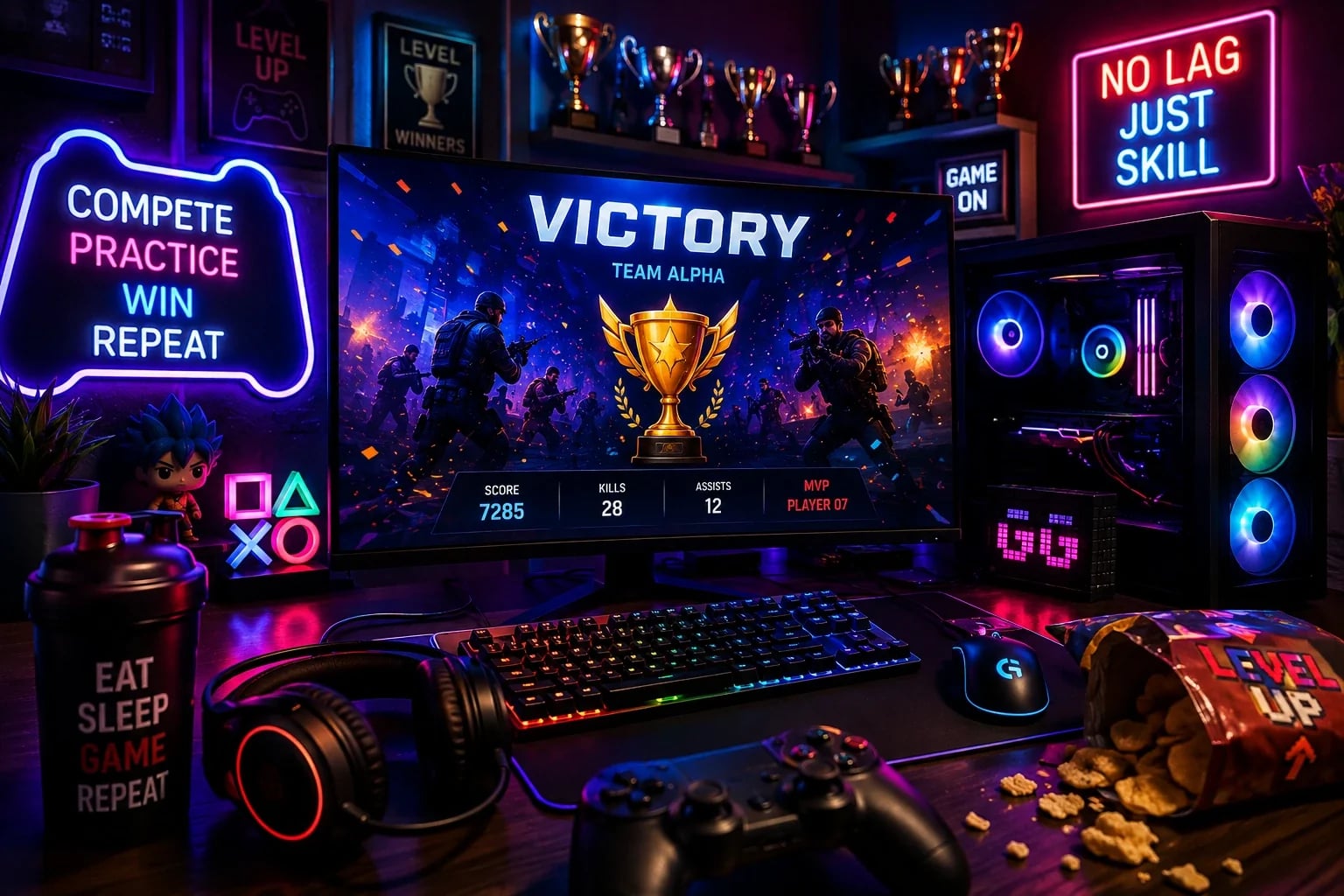 Competitive gaming desk with a Victory screen, trophies, and RGB setup