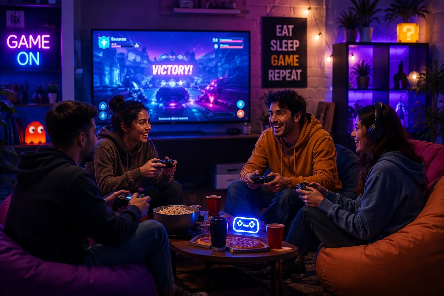 Four friends on bean bags playing a game together with Victory on the TV