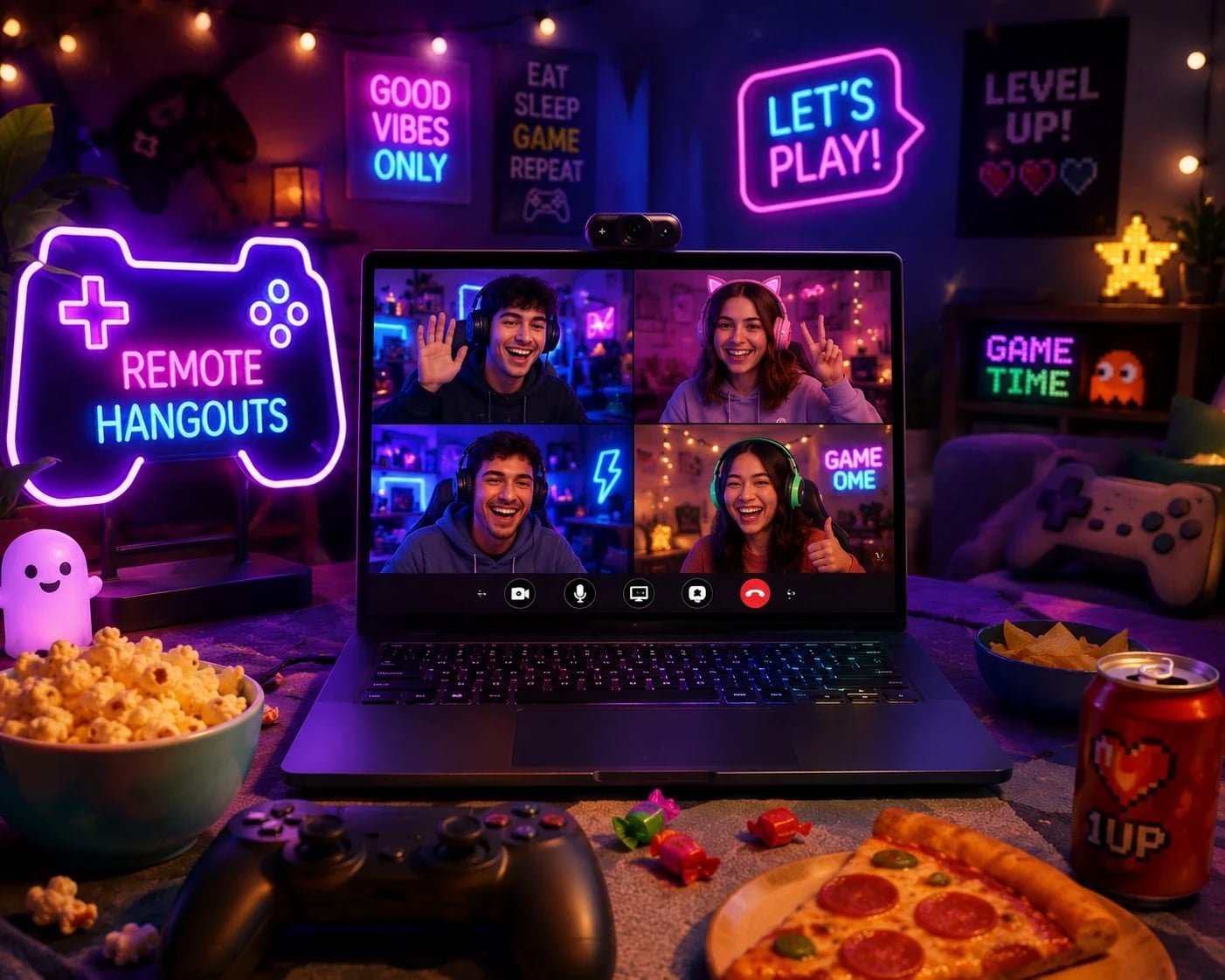 Laptop video call for a remote game hangout with a Remote Hangouts neon sign