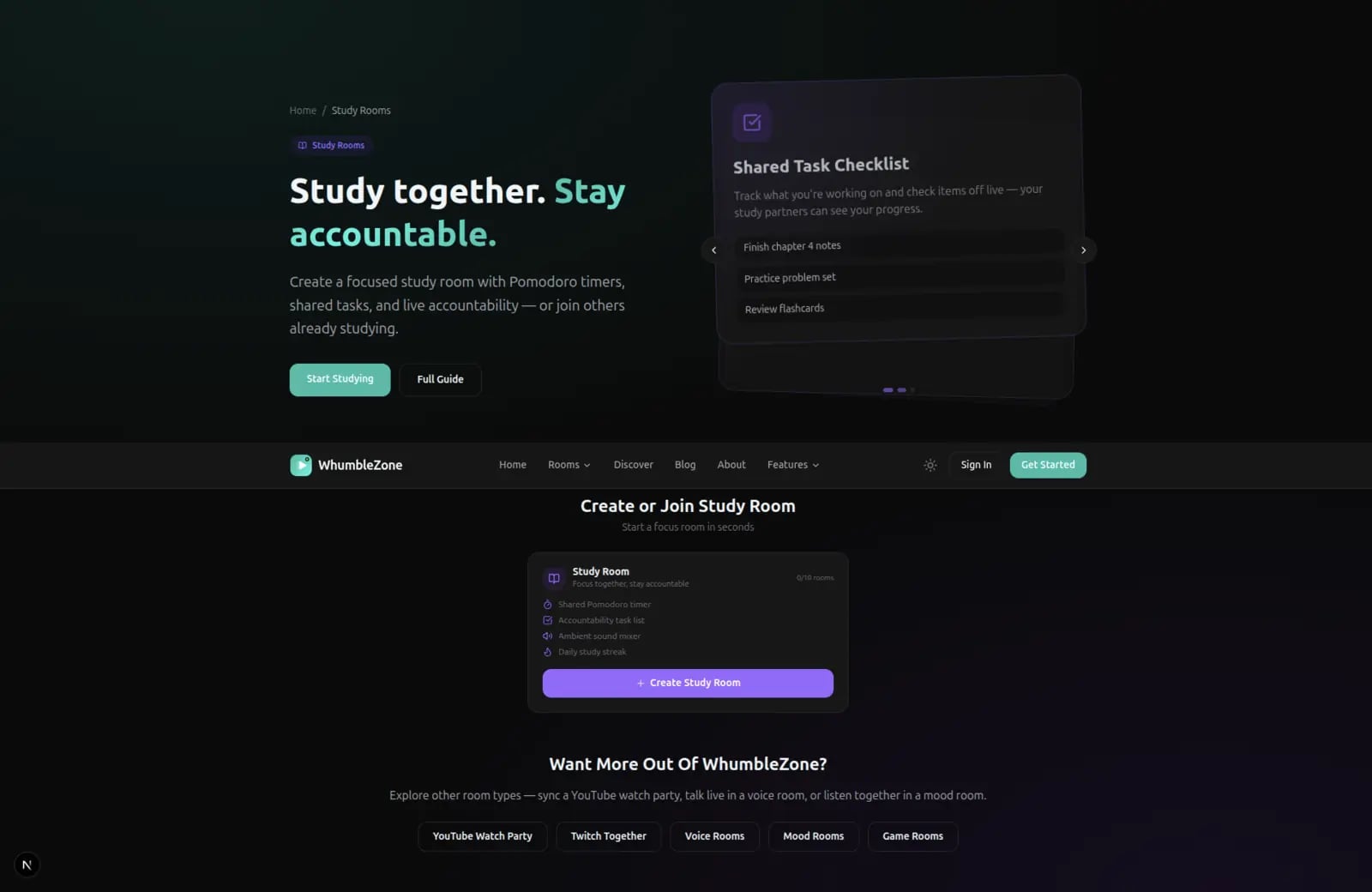 WhumbleZone virtual study room with Pomodoro timer and focus tools