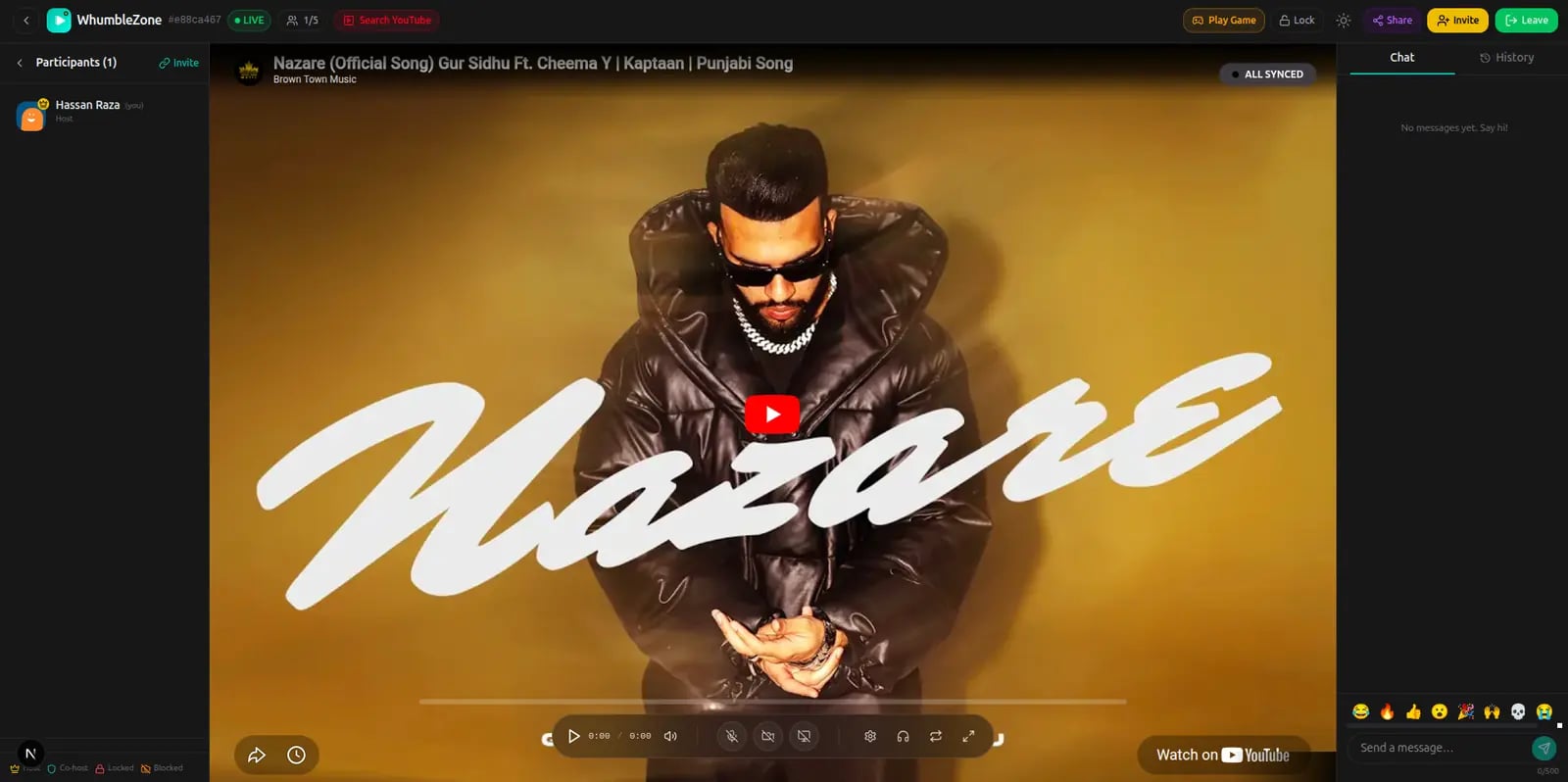 A real WhumbleZone YouTube sync room, showing synced video playback and live chat