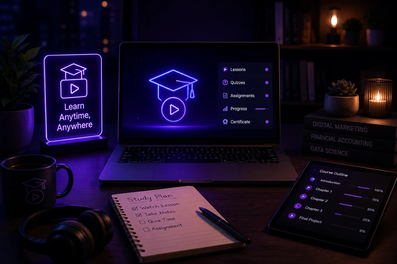 Online course desk with lessons on a laptop, course outline on a tablet, and Learn Anytime Anywhere sign