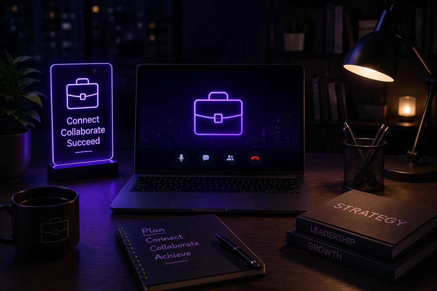 Professional desk with a briefcase video call and Connect Collaborate Succeed neon sign