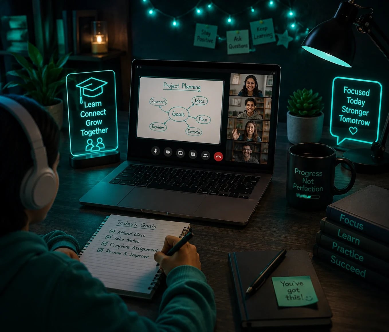 Remote learner on a project-planning video call with a Learn Connect Grow Together sign