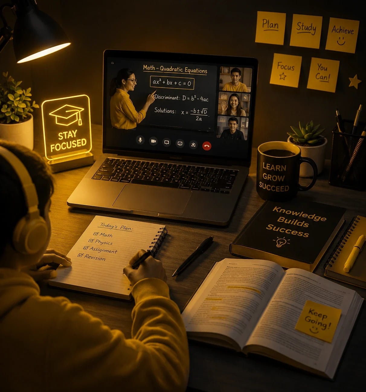 Student at a desk on a math video call with a Stay Focused graduation-cap sign