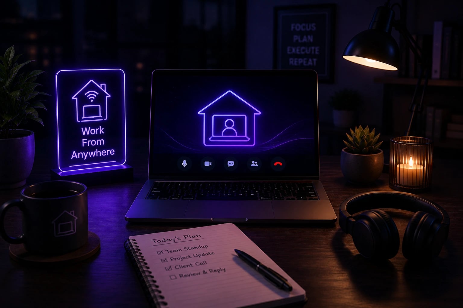 Remote work desk with a Work From Anywhere neon sign and a home-office video call