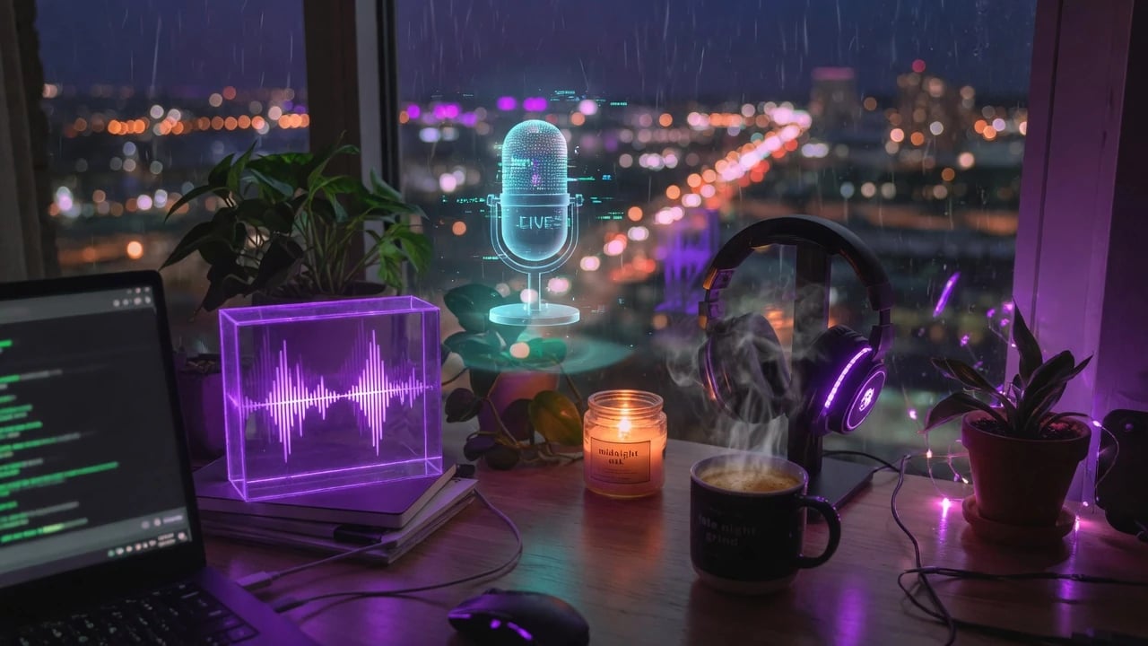Late-night desk with headphones, coffee, and a glowing microphone hologram