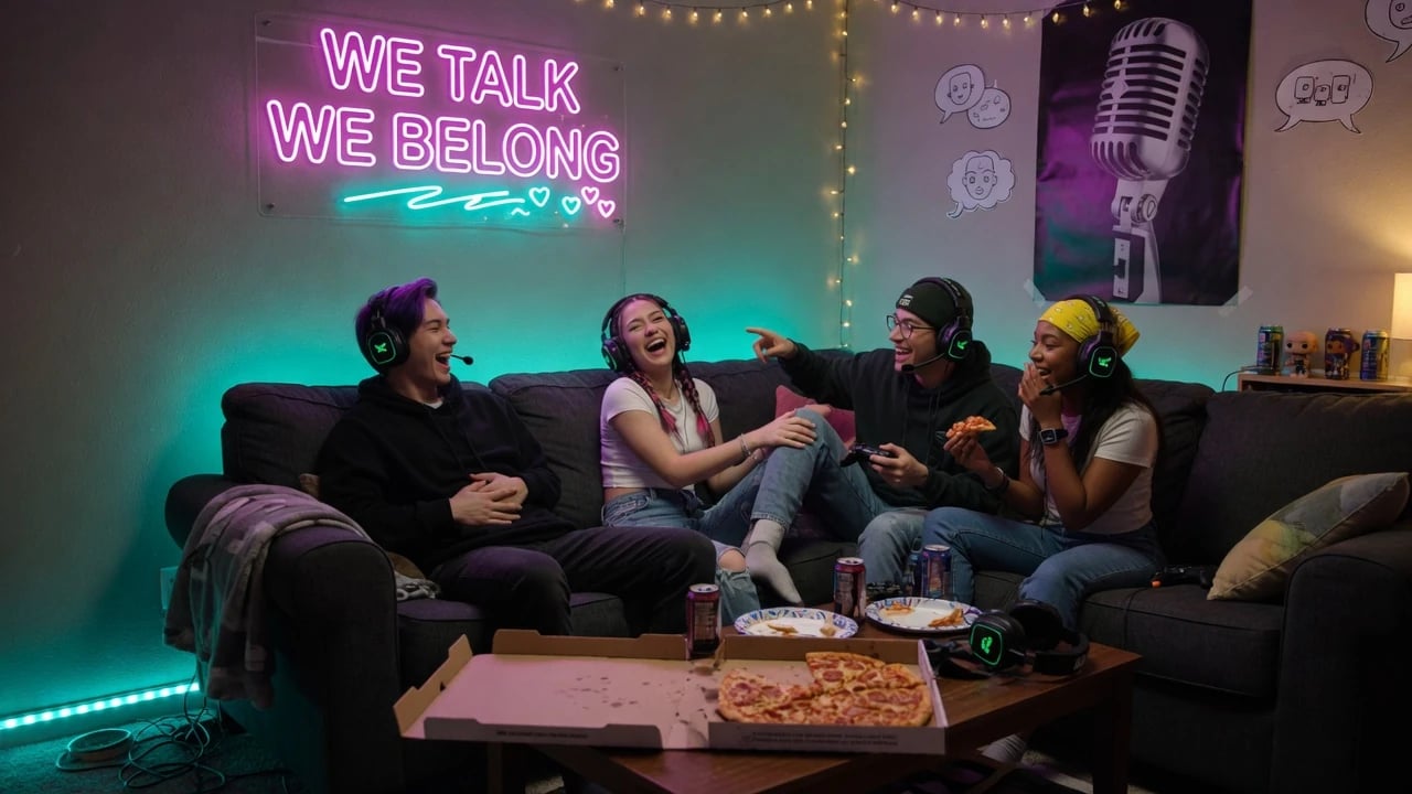 Friends on a couch hanging out in a community voice room