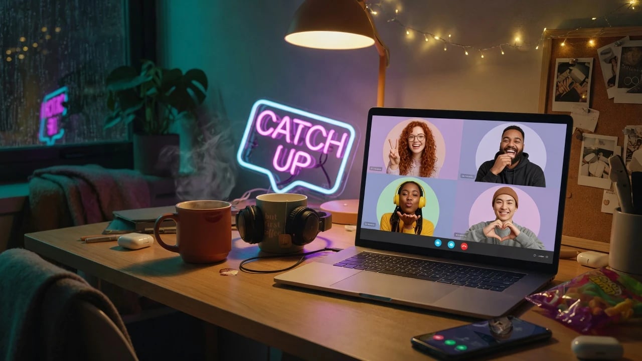 Friends on a cozy voice call with a Catch Up neon sign