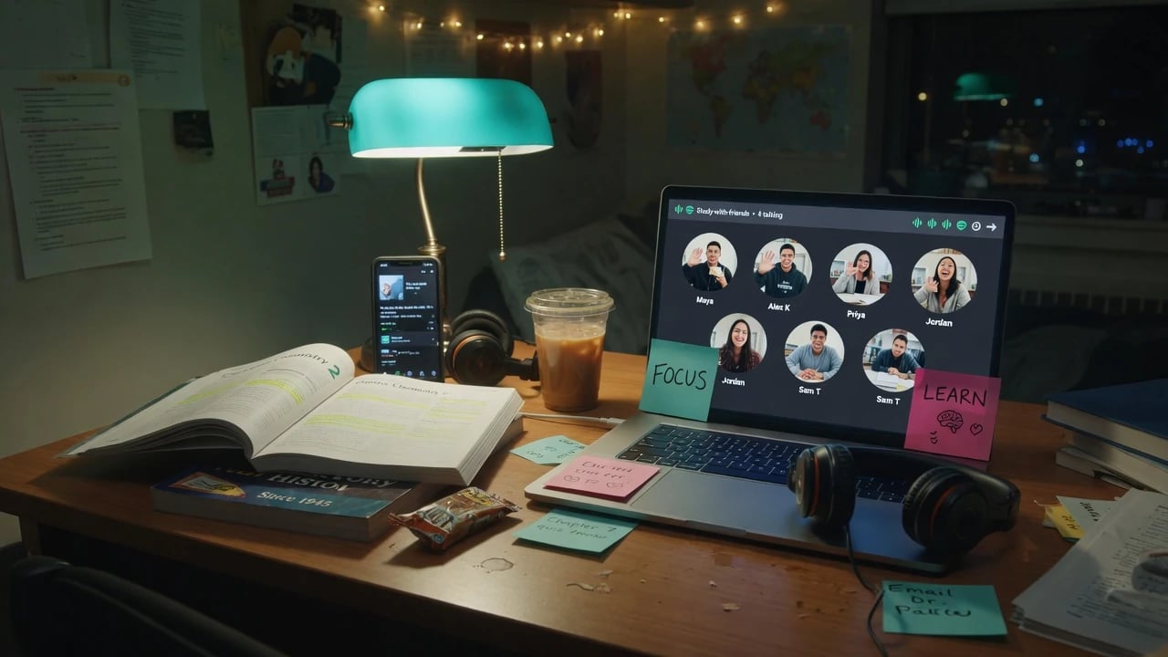 Study desk with textbooks, headphones, and classmates on a voice call