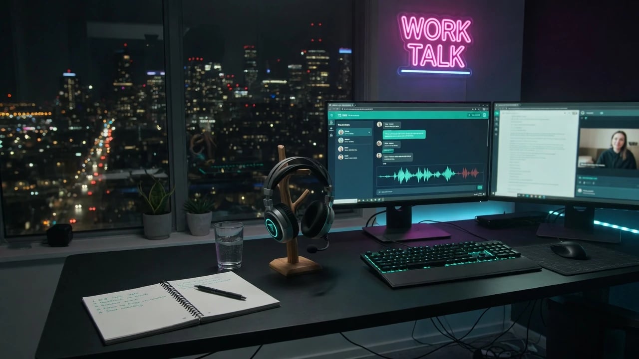 Home office desk set up for a remote team voice huddle