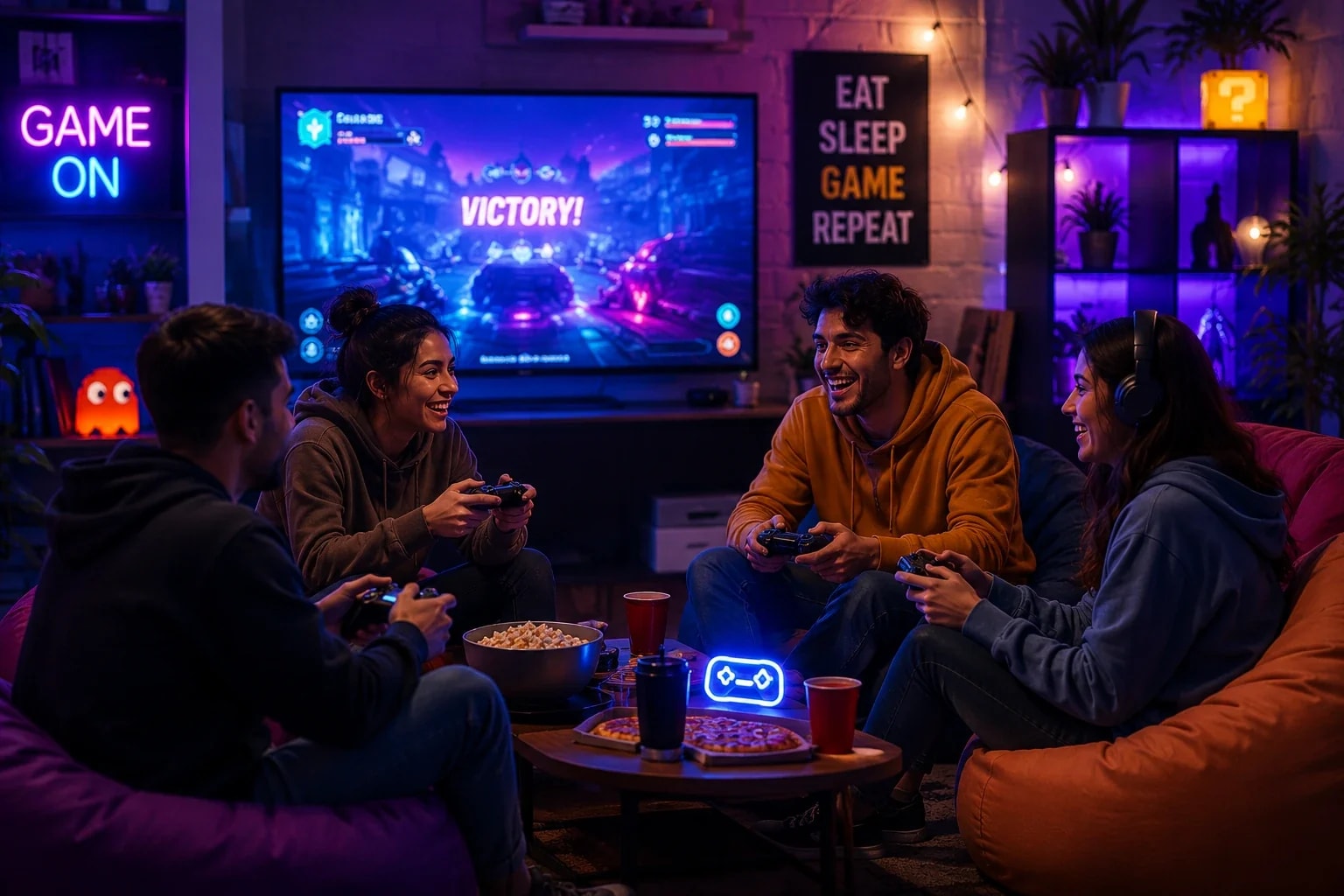 Four friends on bean bags playing a game together with Victory on the TV