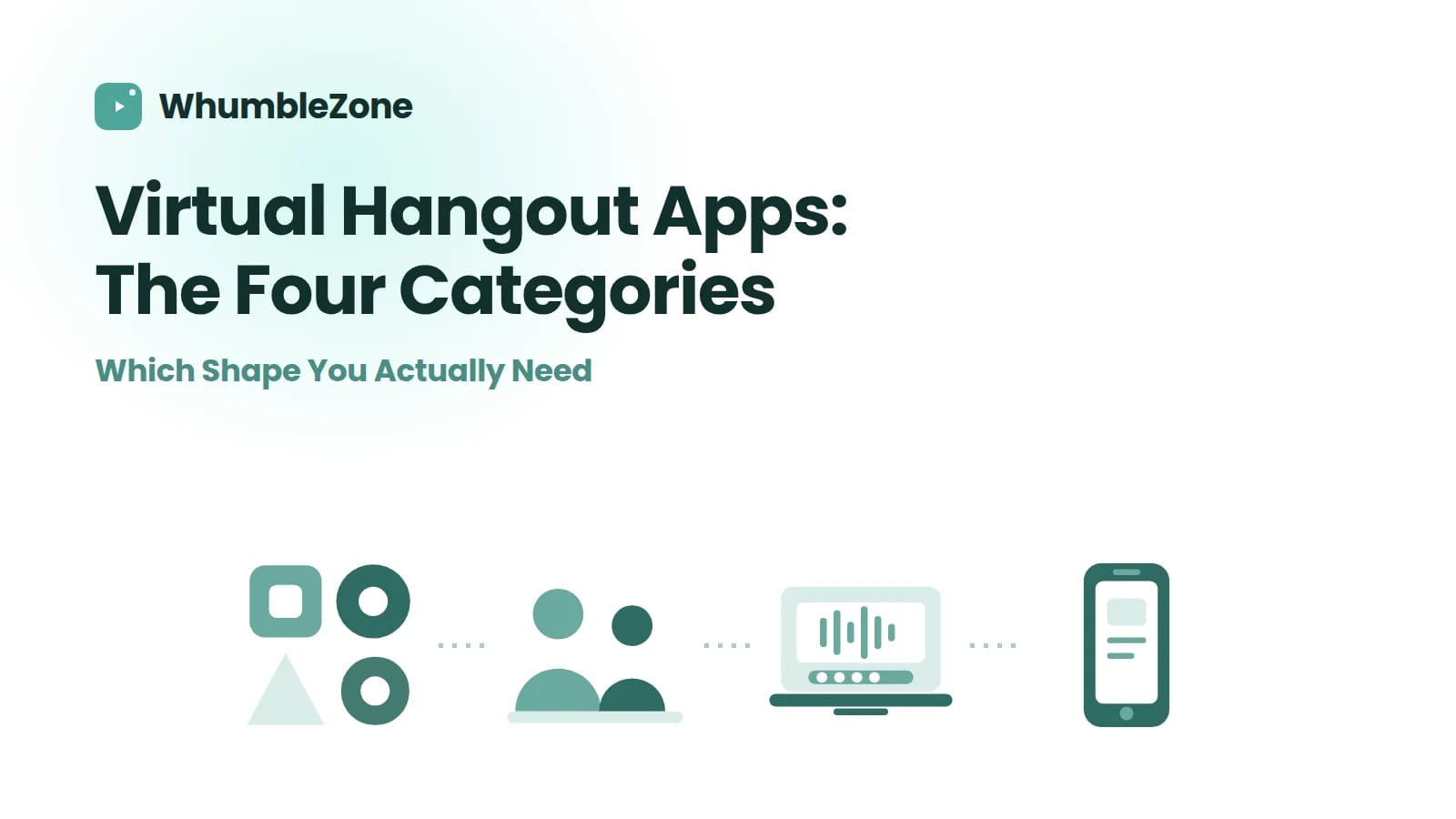 Four different shapes with people, a laptop and a phone, for four categories of hangout app Four different shapes with people, a laptop and a phone, for four categories of hangout app