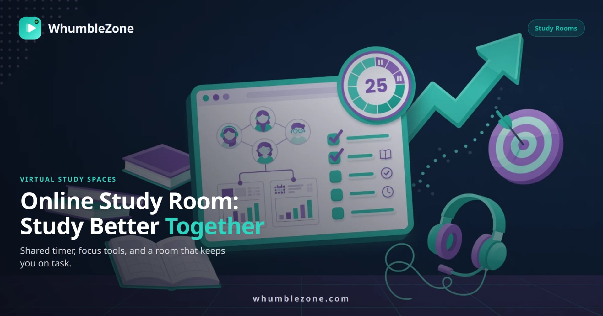 WhumbleZone online study room graphic showing a shared Pomodoro timer, focus checklist, and progress tracker for studying together virtually WhumbleZone online study room graphic showing a shared Pomodoro timer, focus checklist, and progress tracker for studying together virtually