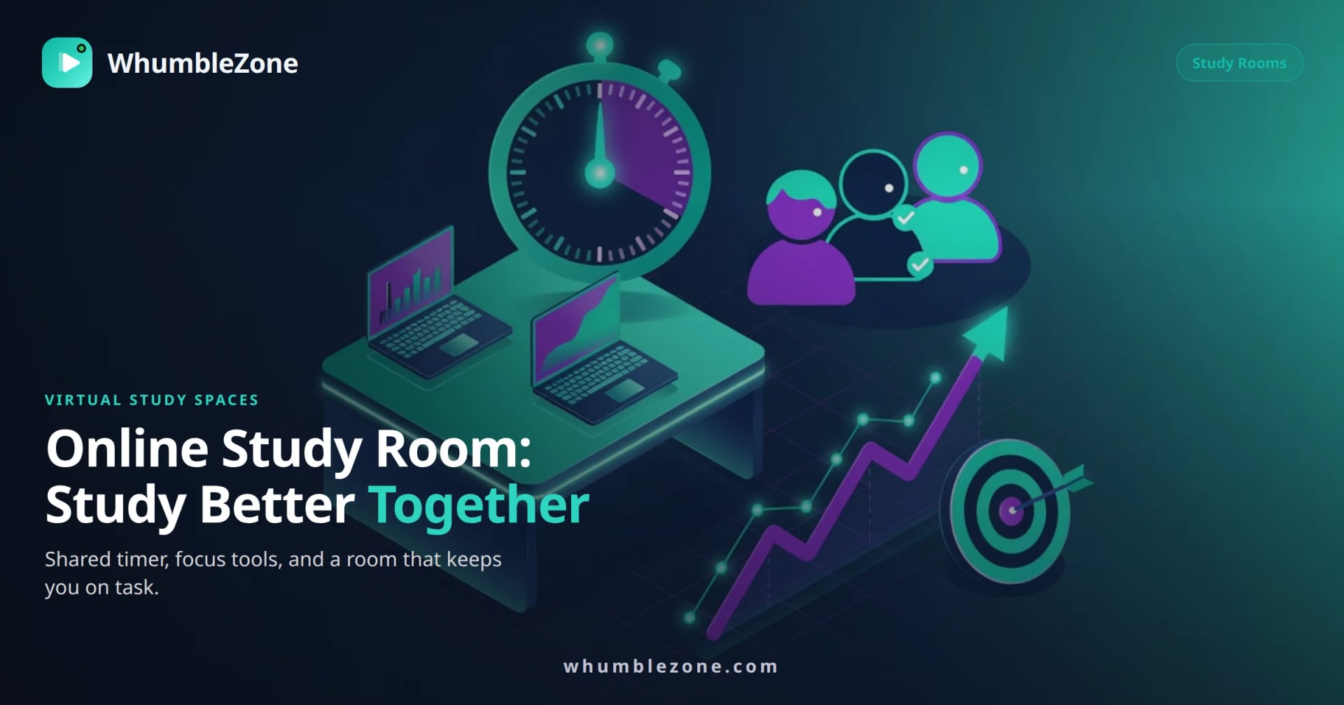 WhumbleZone online study room graphic showing a shared Pomodoro timer, focus checklist, and progress tracker for studying together virtually WhumbleZone online study room graphic showing a shared Pomodoro timer, focus checklist, and progress tracker for studying together virtually